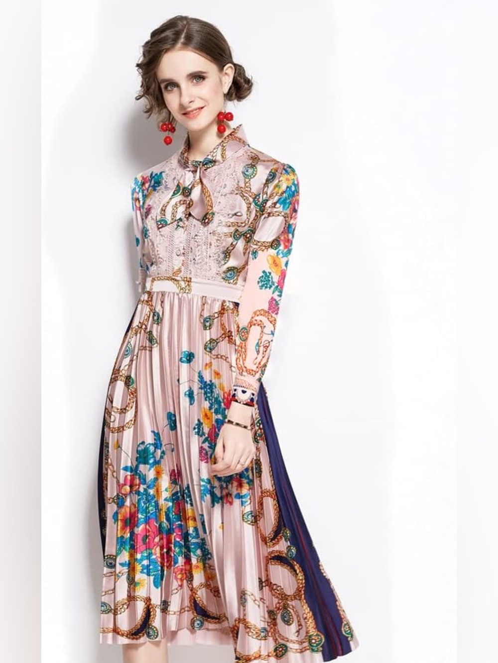 Pleated Floral Midi Dress in Light Pink - Picture 2 of 8